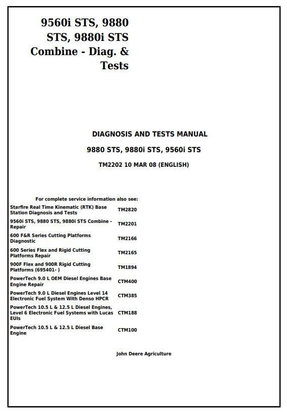 John Deere 9560i to 9880i STS Combine Technical Manual TM2202