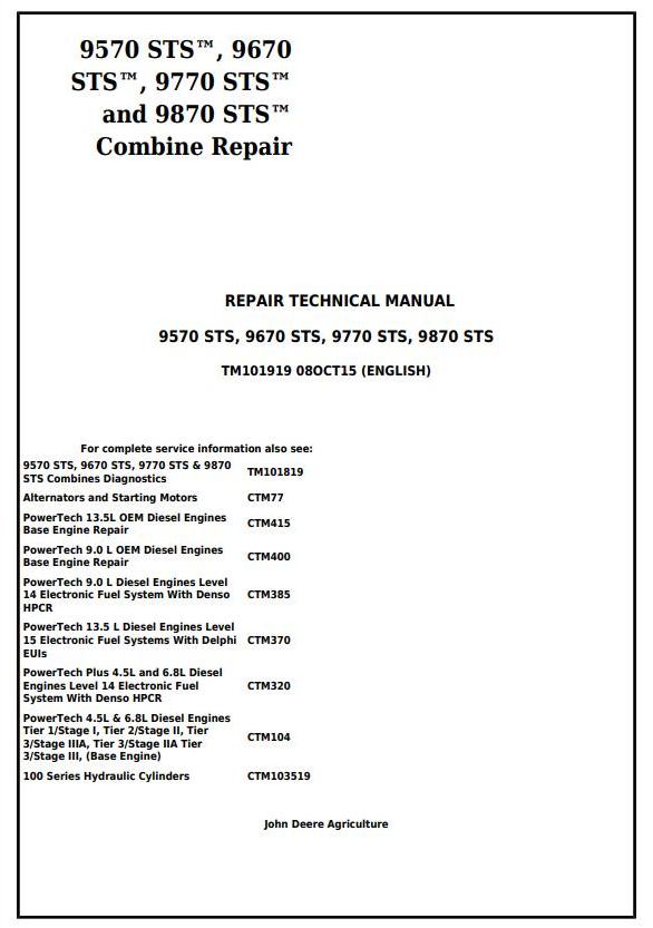 John Deere 9570 to 9870 STS Combine Technical Manual TM101919