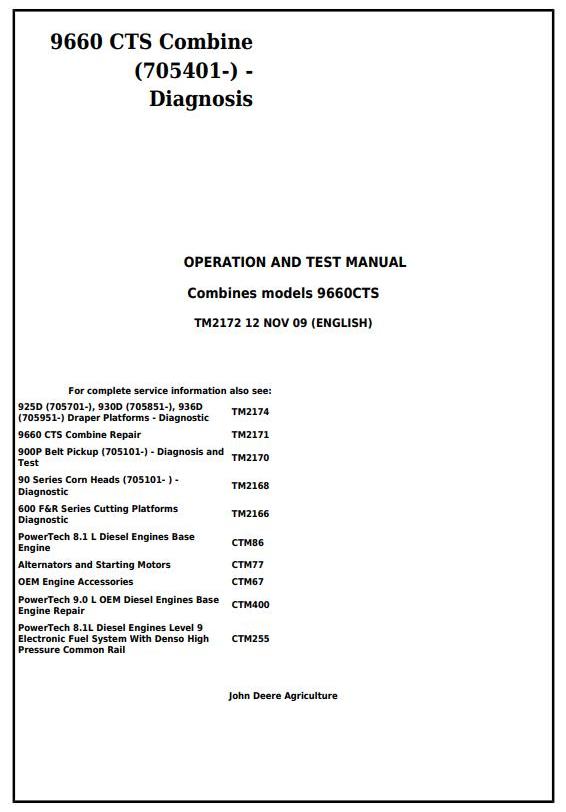 John Deere 9660 CTS Combine Technical Manual TM2172