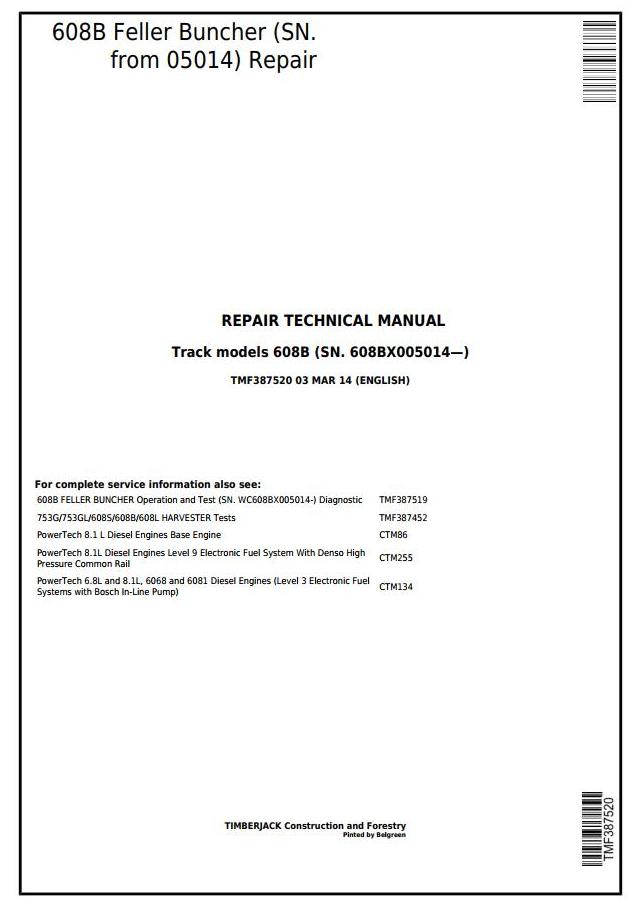 John Deere Agricultural 608B Repair Technical Manual TMF387520