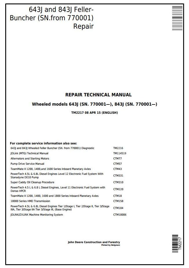 John Deere Agricultural 643J 843J Technical Manual TM2217
