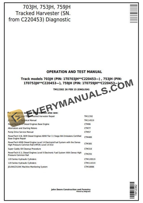 John Deere Agricultural 703JH 753JH 759JH Technical Manual TM12382