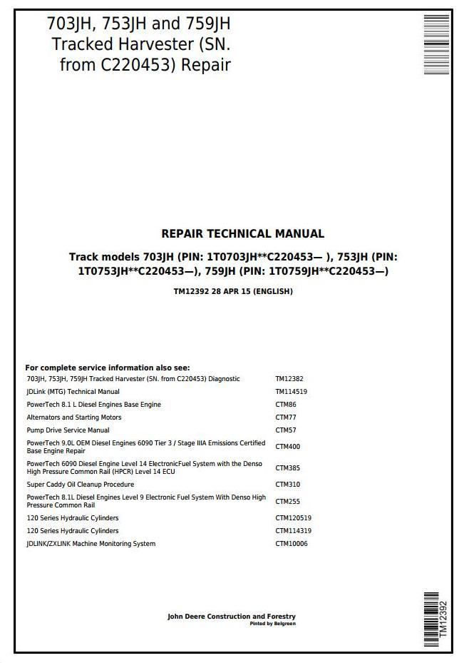 John Deere Agricultural 703JH 753JH 759JH Technical Manual TM12392