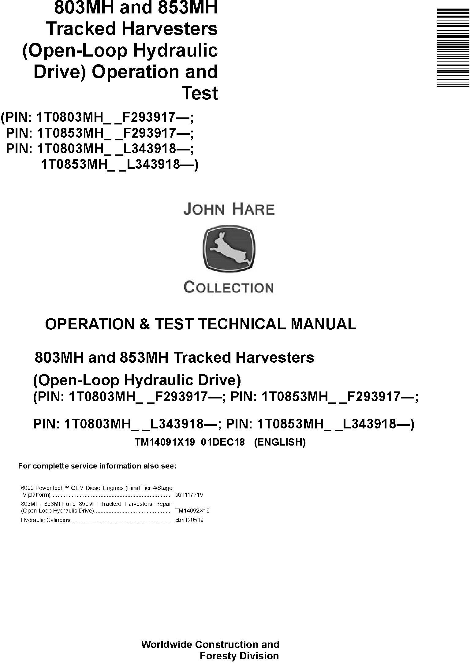 John Deere Agricultural 803MH 853MH Open-Loop Technical Manual TM14091X19