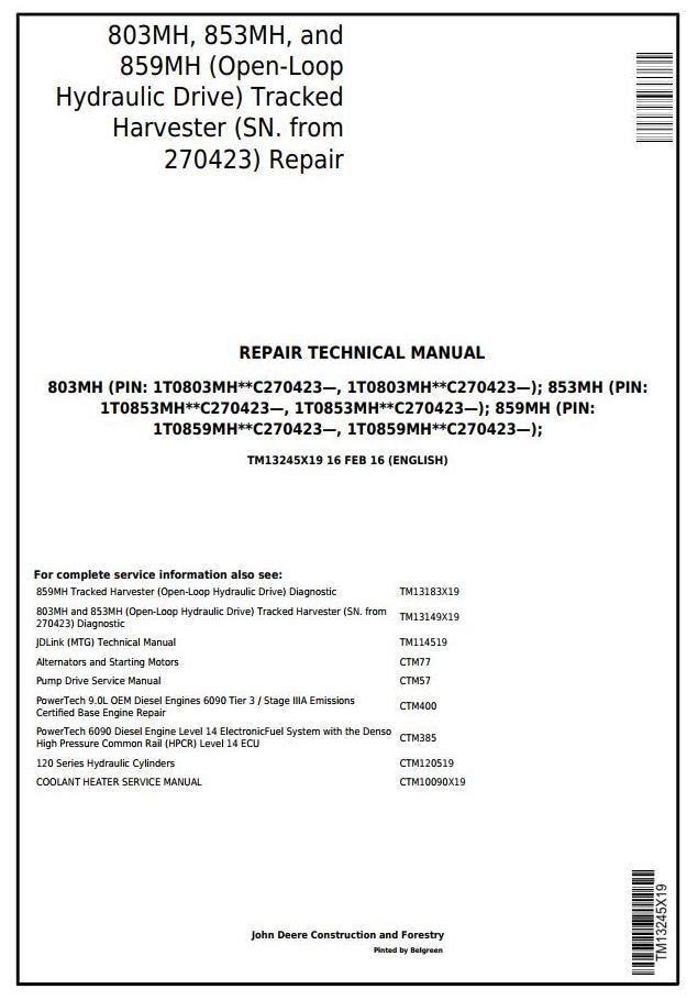 John Deere Agricultural 803MH to 859MH (Open-Loop Hydr.Drv) Technical Manual TM13245X19