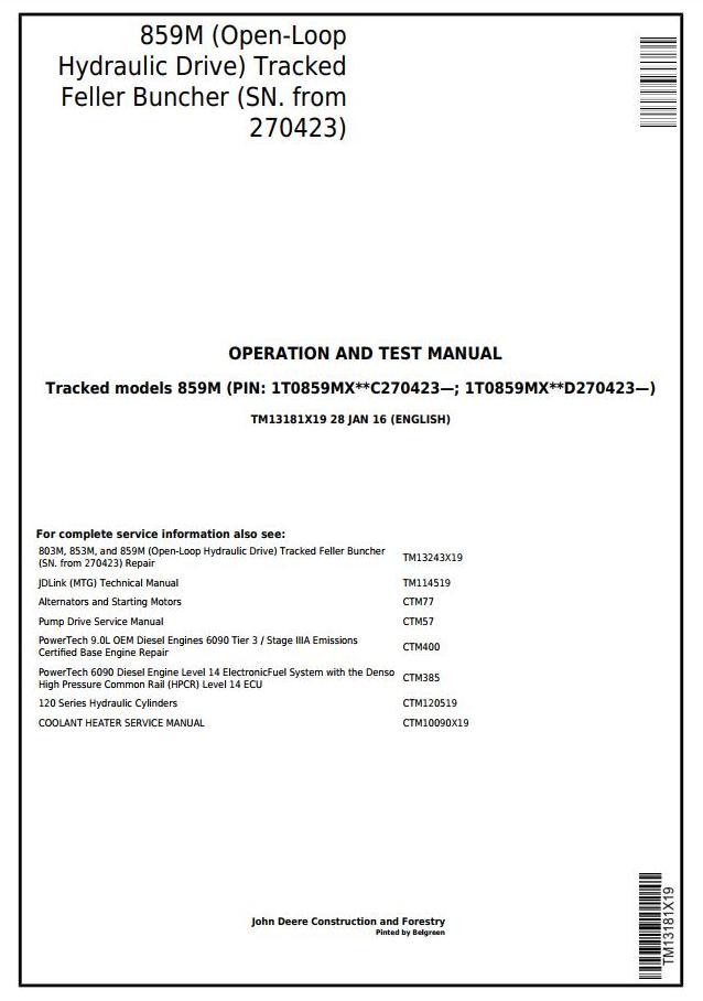 John Deere Agricultural 859M (Open-Loop Hyd.Drv) Technical Manual TM13181X19