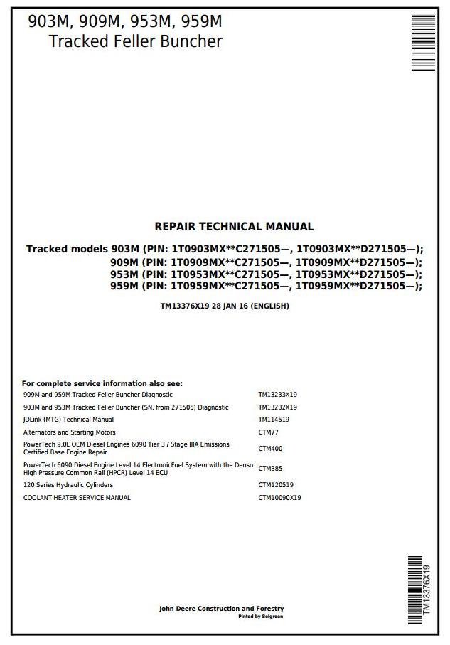 John Deere Agricultural 903M 909M 953M 959M Technical Manual TM13376X19