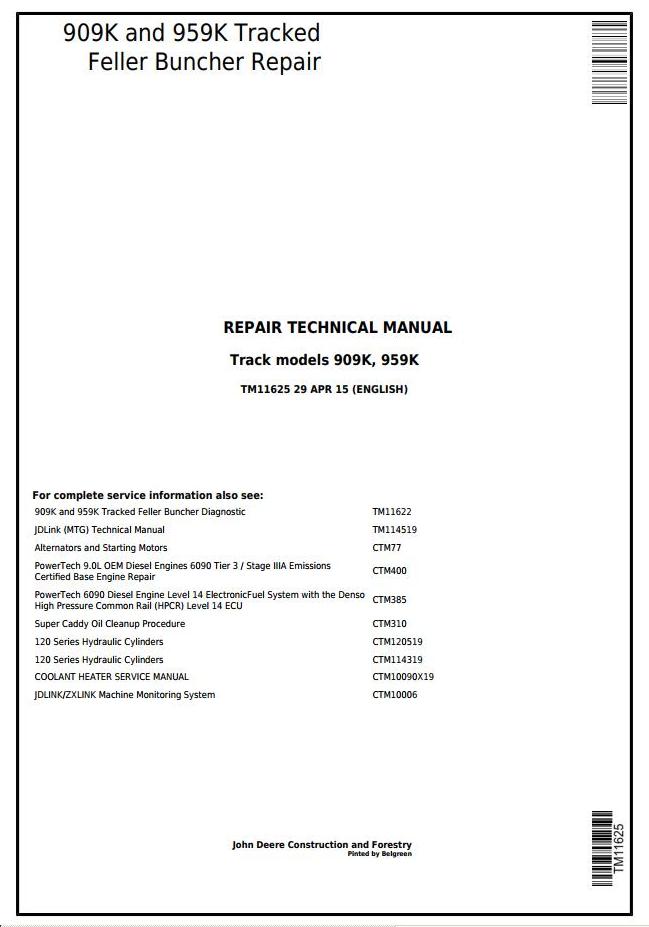 John Deere Agricultural 909K 959K Repair Technical Manual TM11625