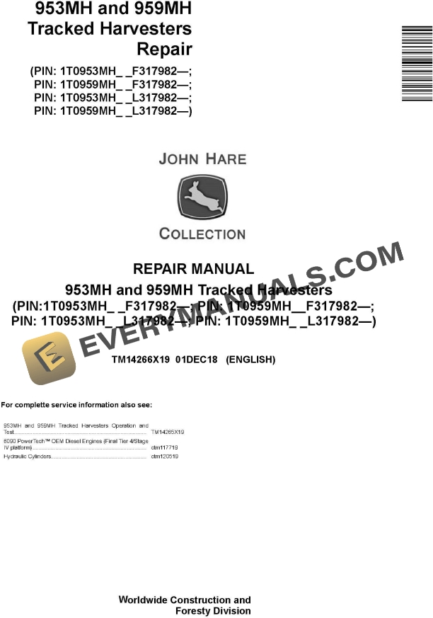 John Deere Agricultural 953MH 959MH Technical Manual TM14266X19