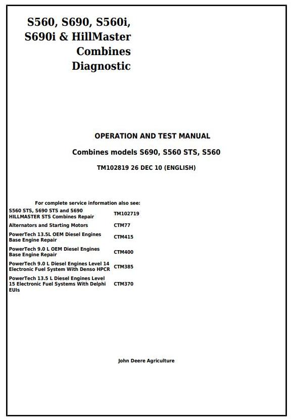 John Deere S560 S690 S560i S690i HillMaster Combine Technical Manual TM102819