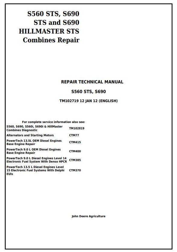 John Deere S560 S690 S690 HillMaster STS Combine Technical Manual TM102719