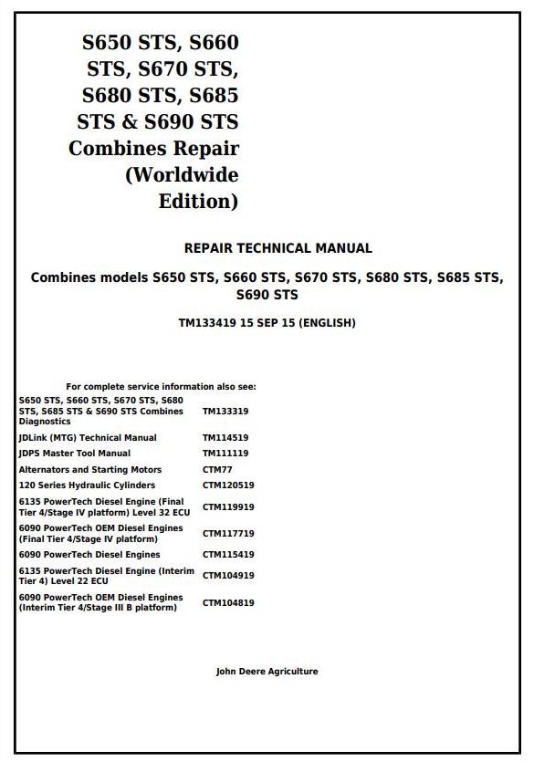 John Deere S650STS to S690STS Combine Technical Manual TM133419