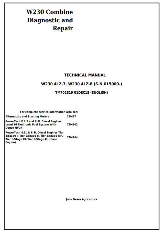 John Deere W230 4LZ-7 4LZ-8 Combine Technical Manual TM702819