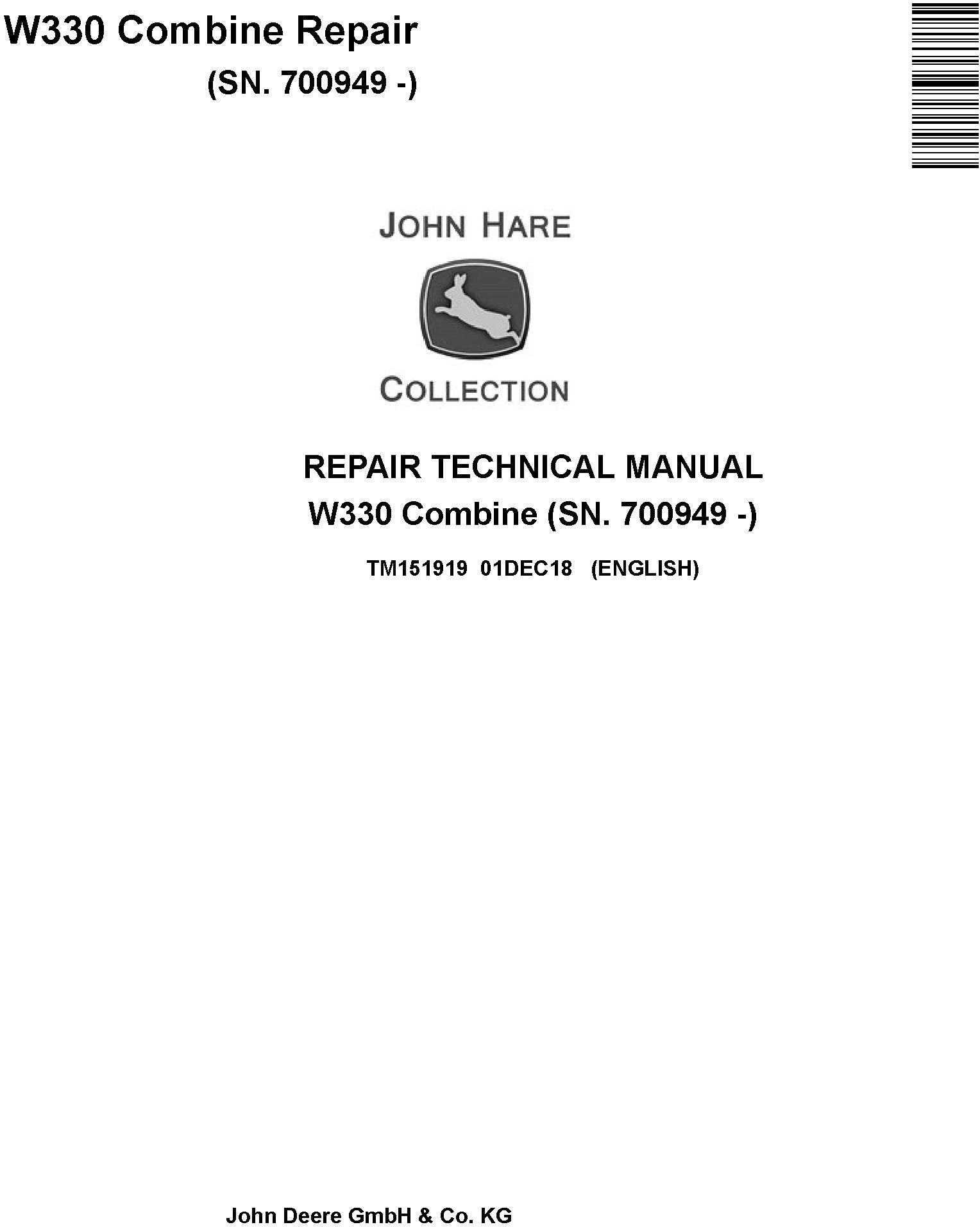 John Deere W330 Combine Technical Manual TM151919
