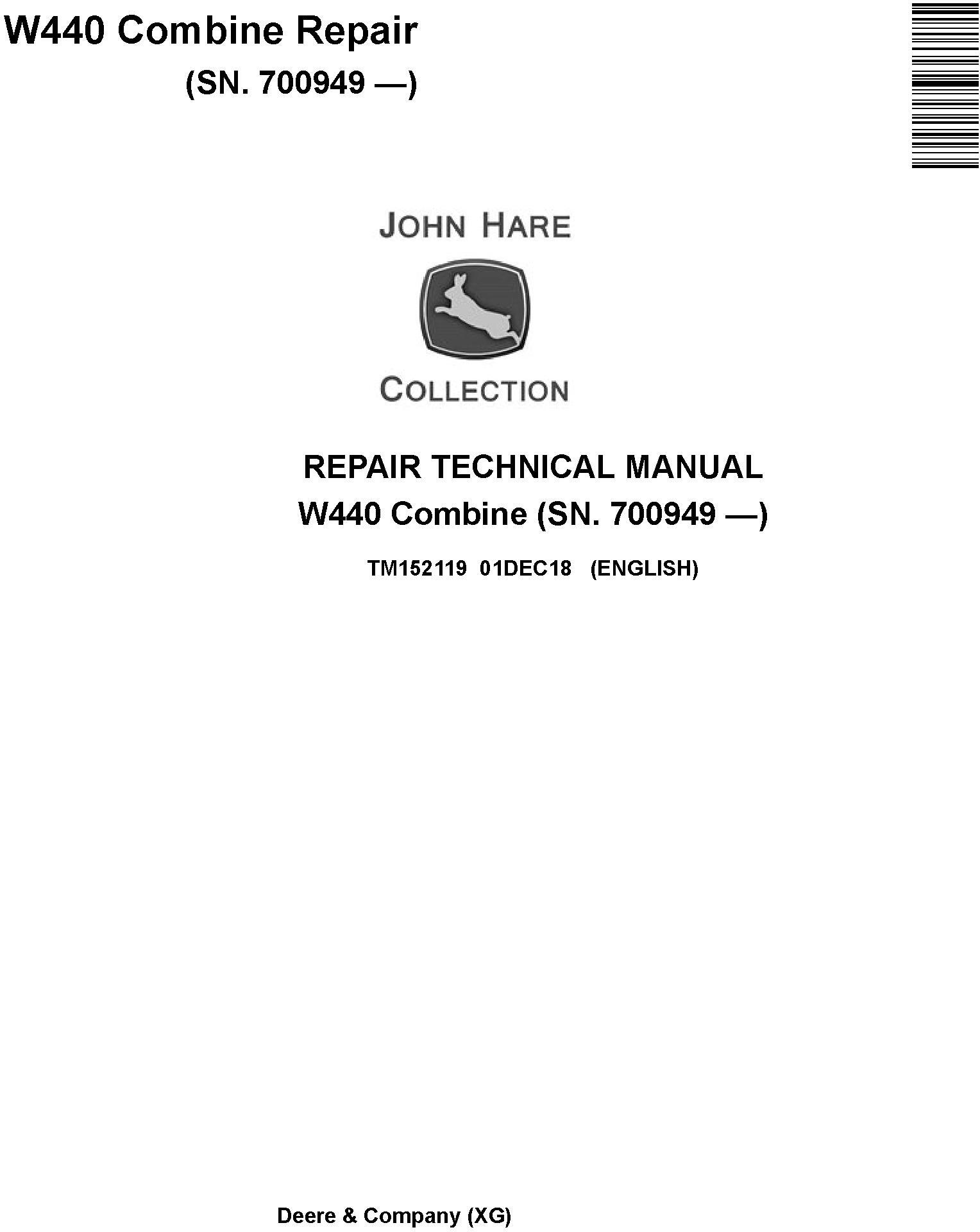 John Deere W440 Combine Technical Manual TM152119