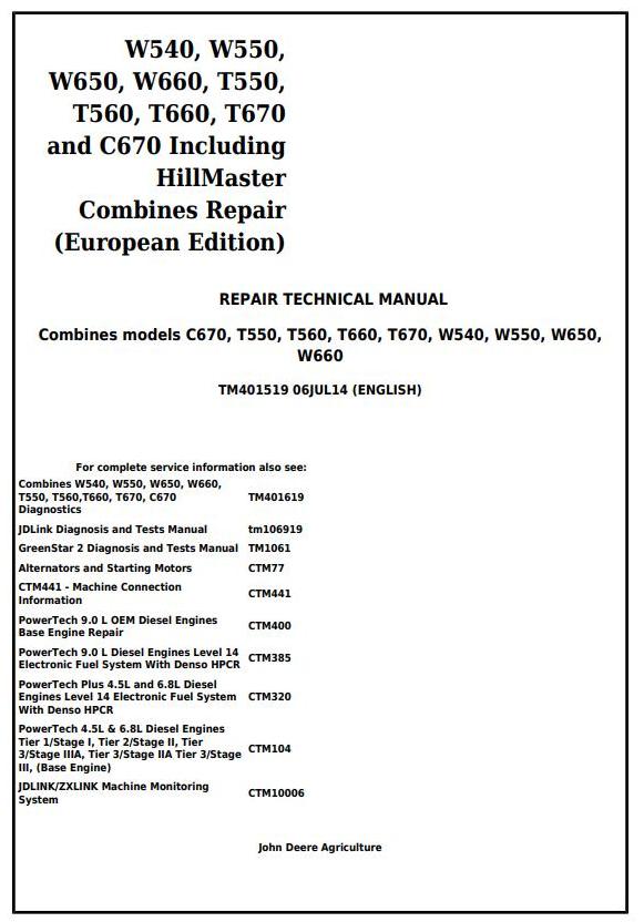 John Deere W540 to C670 Combine Technical Manual TM401519