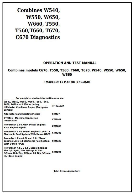 John Deere W540 to C670 Combine Technical Manual TM401619