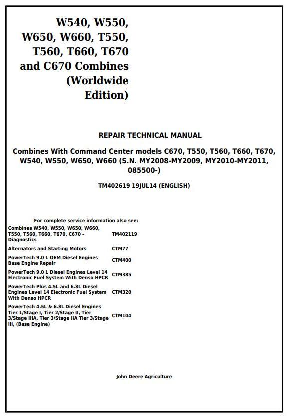 John Deere W540 to C670 Combine Technical Manual TM402619
