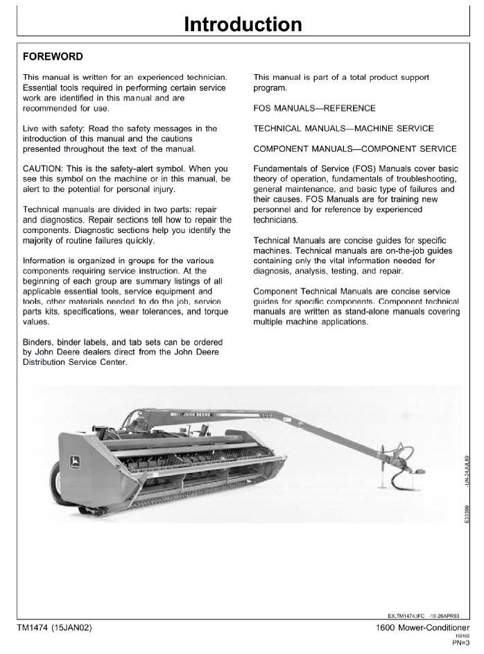 John Deere 1600 Mower-Conditioner Technical Manual TM1474