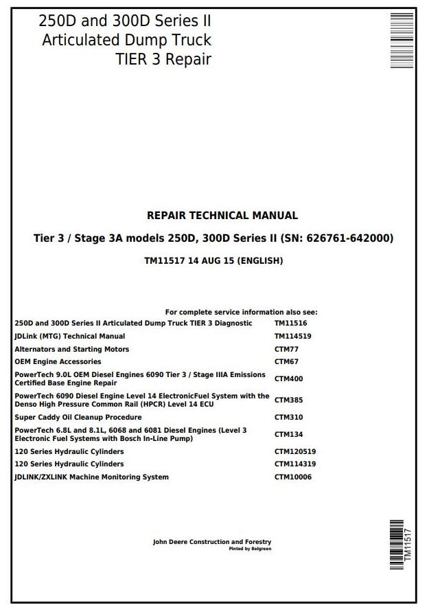John Deere 250D 300D Articalated Dump Technical Manual TM11517