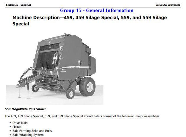 John Deere 459s 559s Silage Special, 459 559 Round Balers Technical Manual TM121119