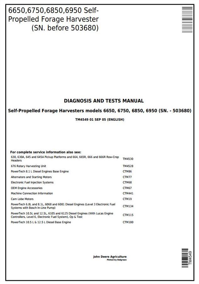 John Deere 6650 to 6950 Self-Propelled Forage Harvester Technical Manual TM4549