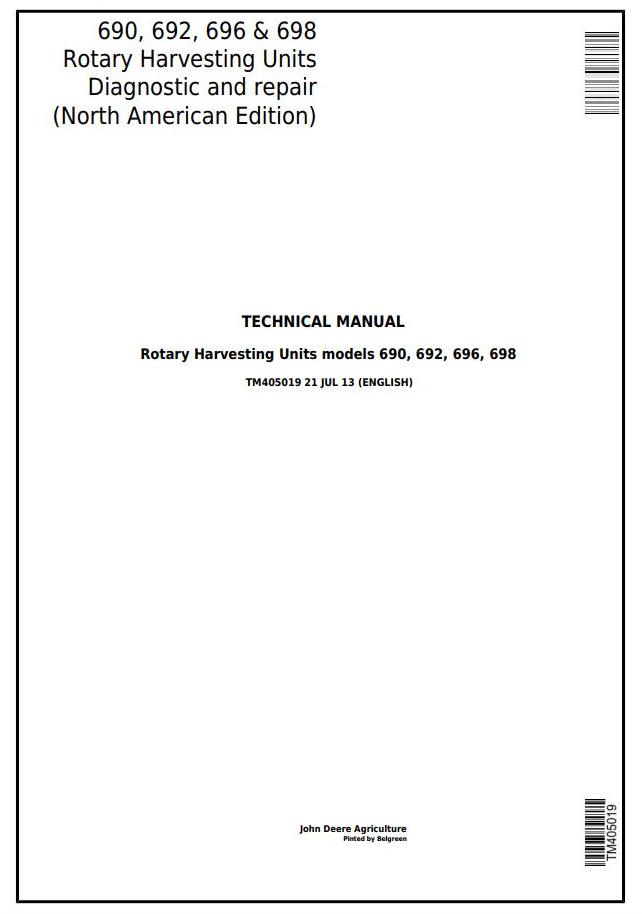 John Deere 690 to 698 Rotary Harvesting Unit Technical Manual TM405019
