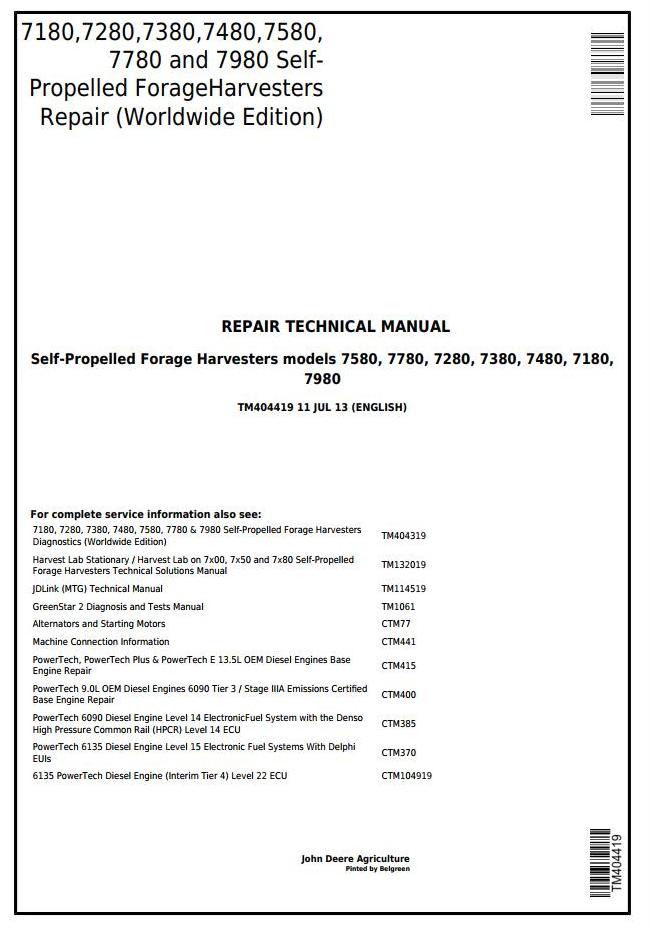 John Deere 7180 to 7980 Forage Harvester Technical Manual TM404419