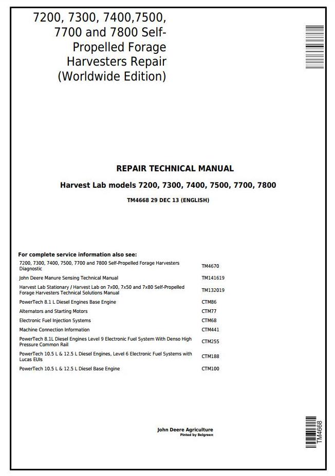 John Deere 7200 to 7800 Self-Propelled Forage Harvester Technical Manual TM4668