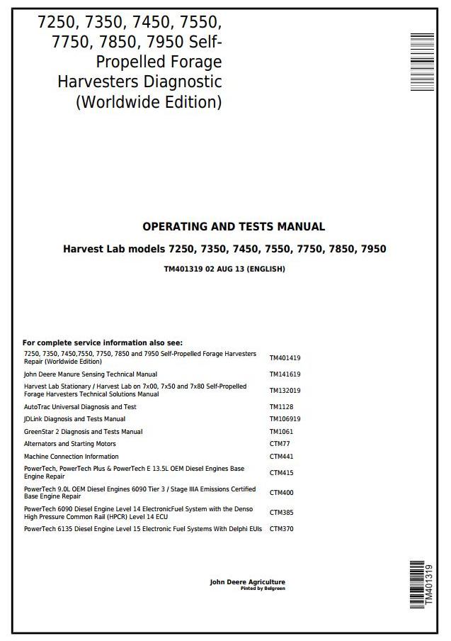 John Deere 7250 to 7950 Forage Harvesters Technical Manual TM401319