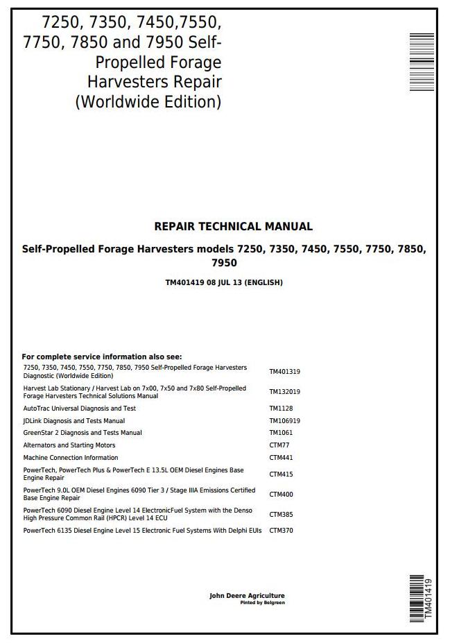 John Deere 7250 to 7950 Forage Harvesters Technical Manual TM401419