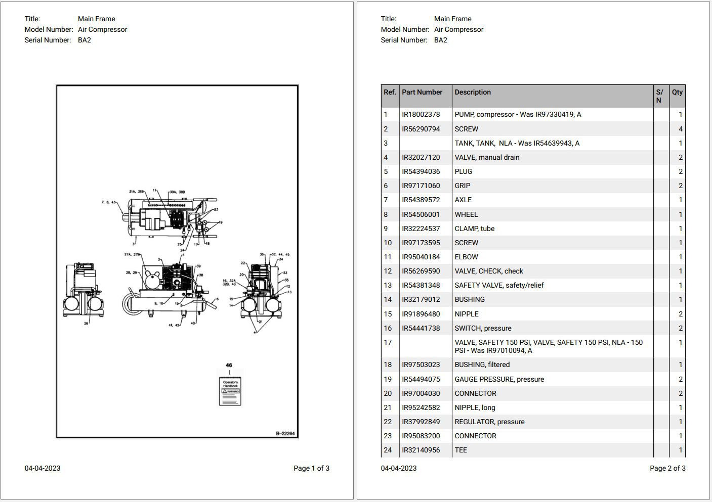 Bobcat Air Compressor BA2 Parts Catalog