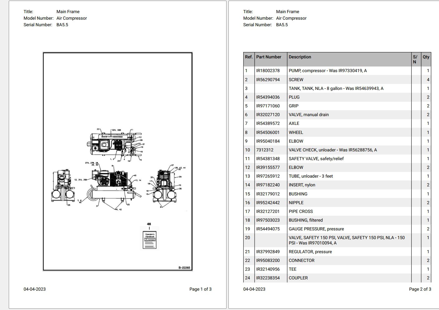 Bobcat Air Compressor BA5.5 Parts Catalog