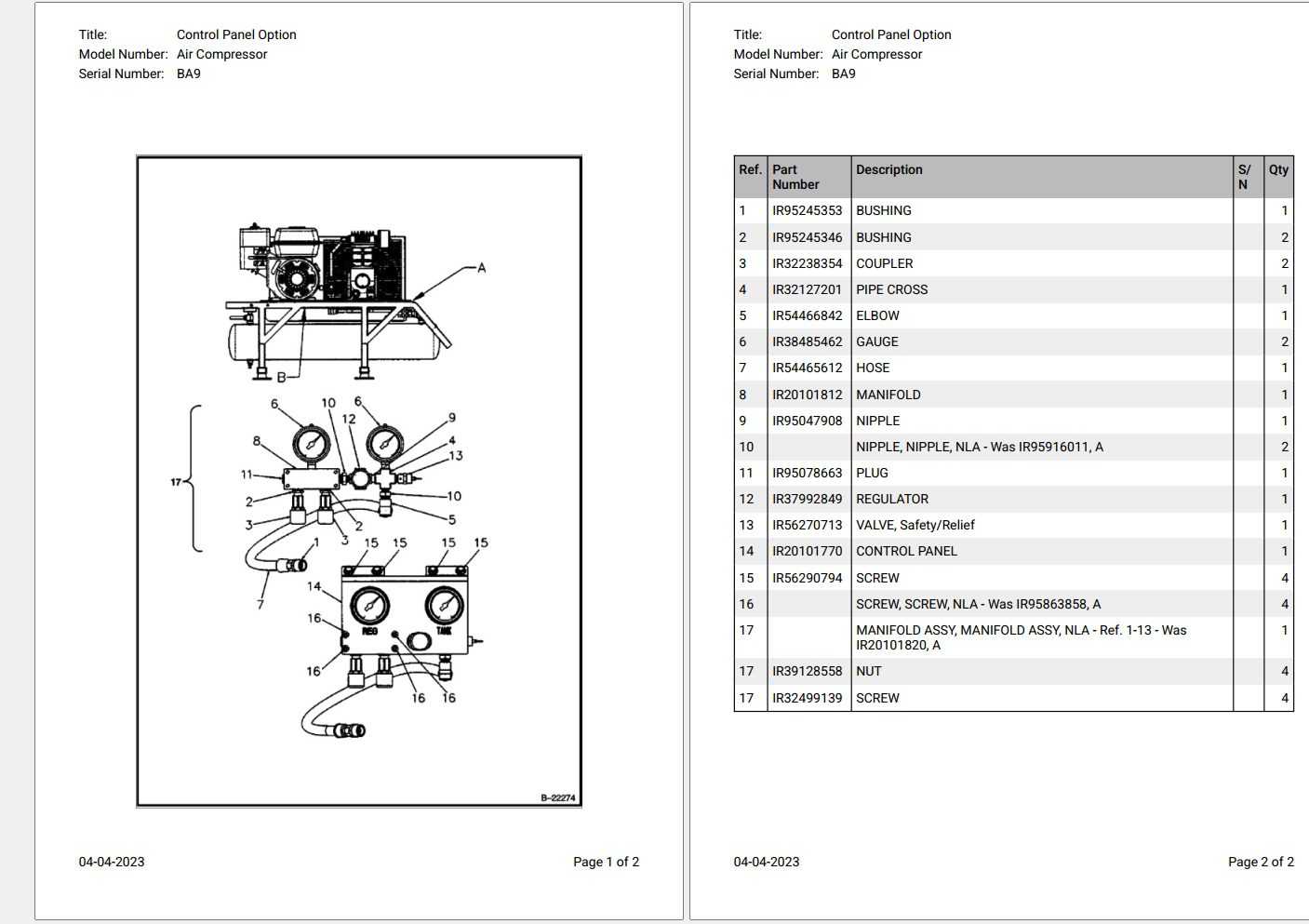Bobcat Air Compressor BA9 Parts Catalog