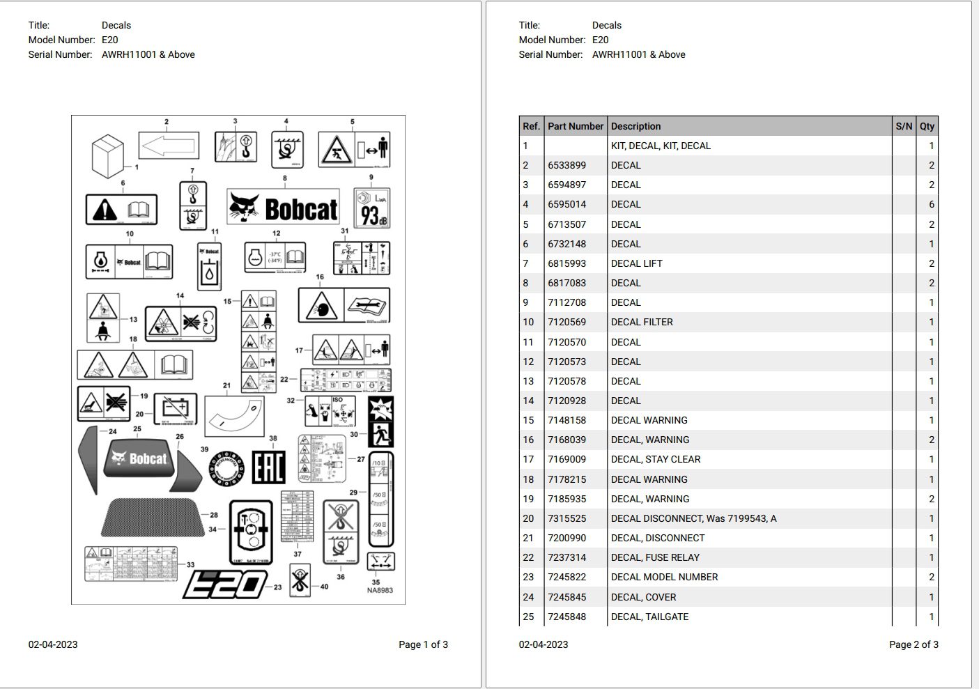 Bobcat E20 AWRH11001 & Above Parts Catalog