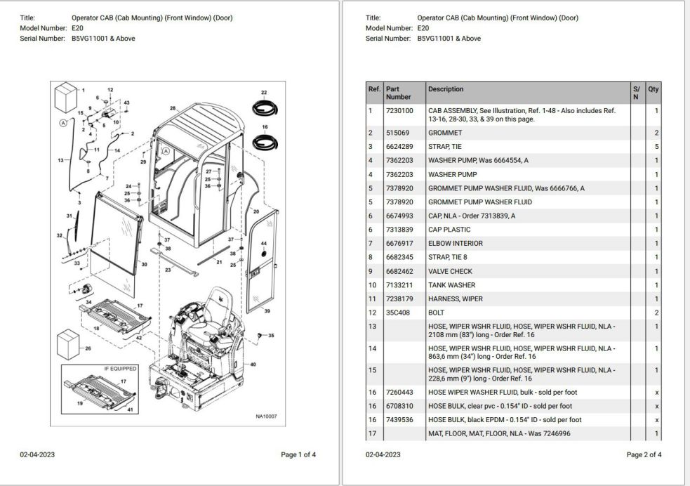 Bobcat E20 B5VG11001 & Above Parts Catalog