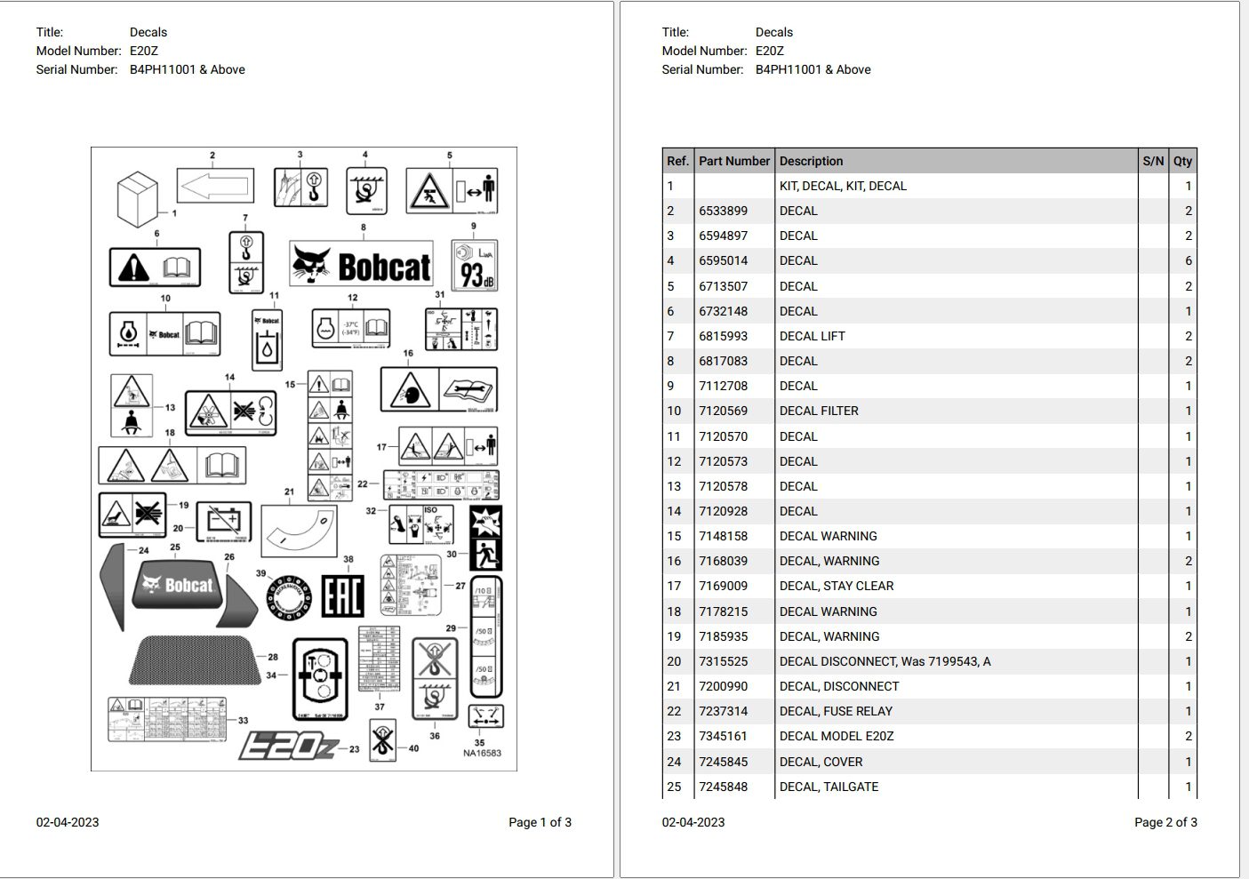 Bobcat E20Z B4PH11001 & Above Parts Catalog