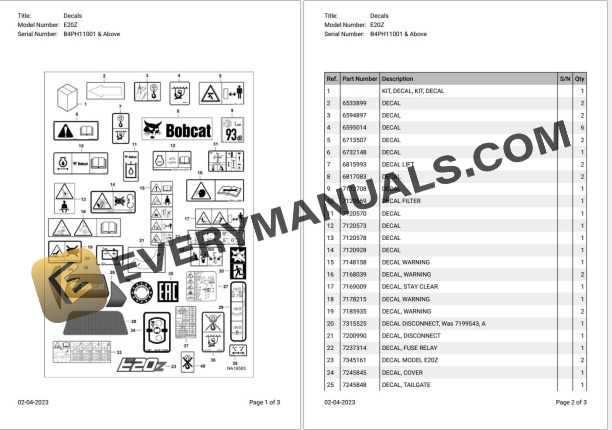 Bobcat E20Z B4PH11001 & Above Parts Catalog