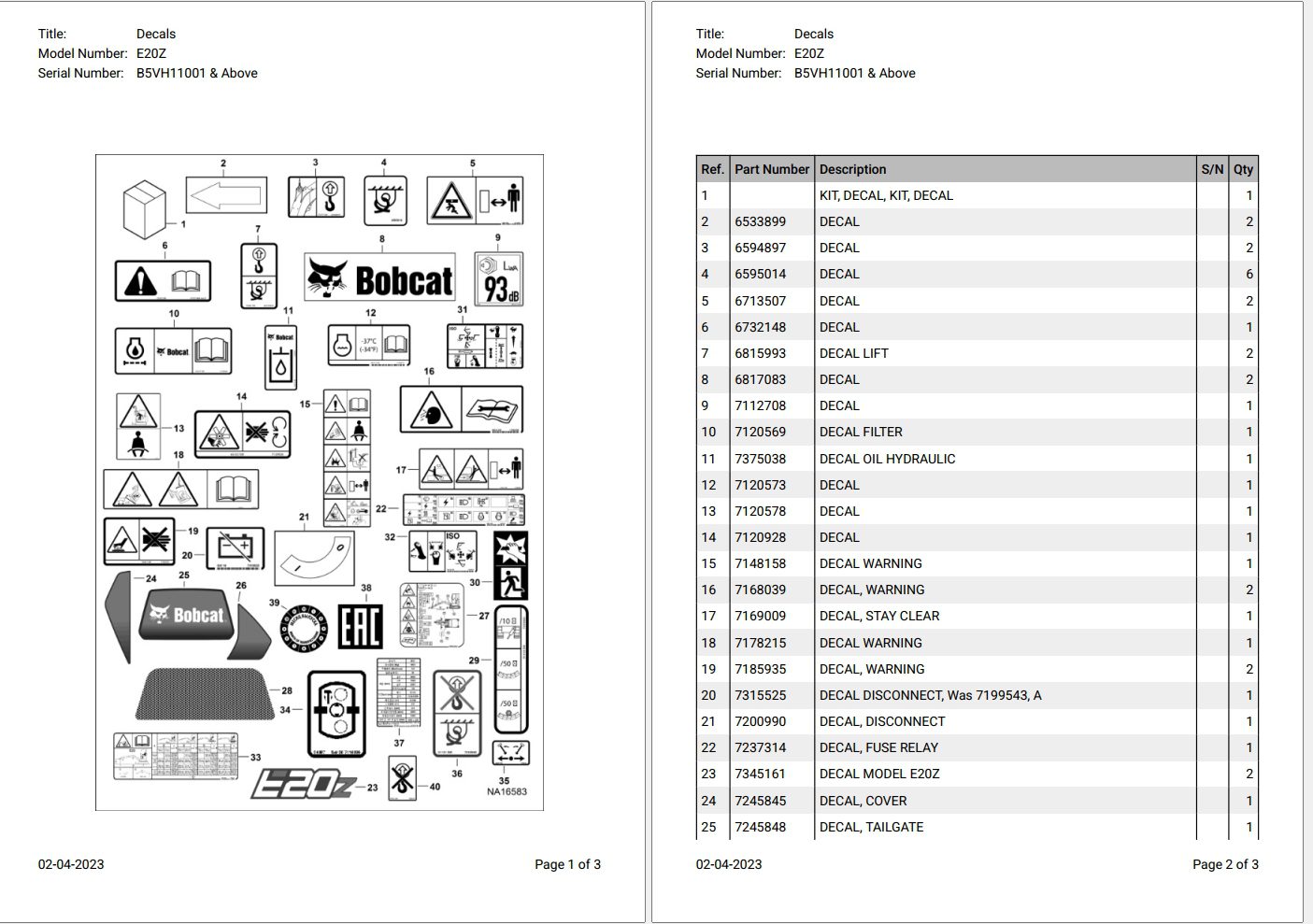 Bobcat E20Z B5VH11001 & Above Parts Catalog