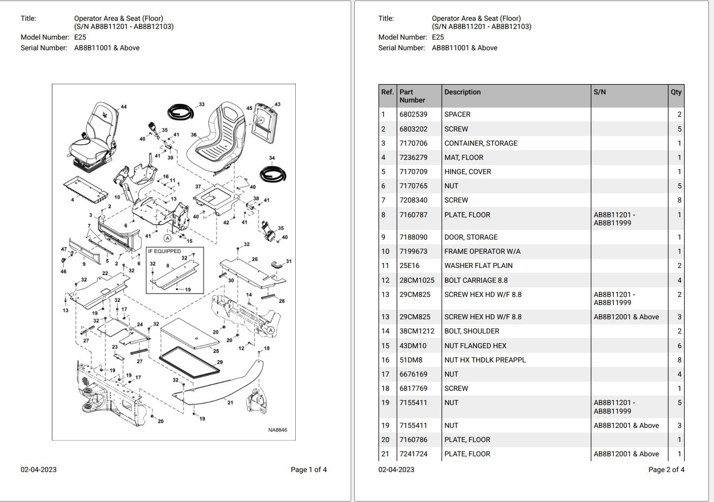 Bobcat E25 AB8B11001 & Above Parts Catalog