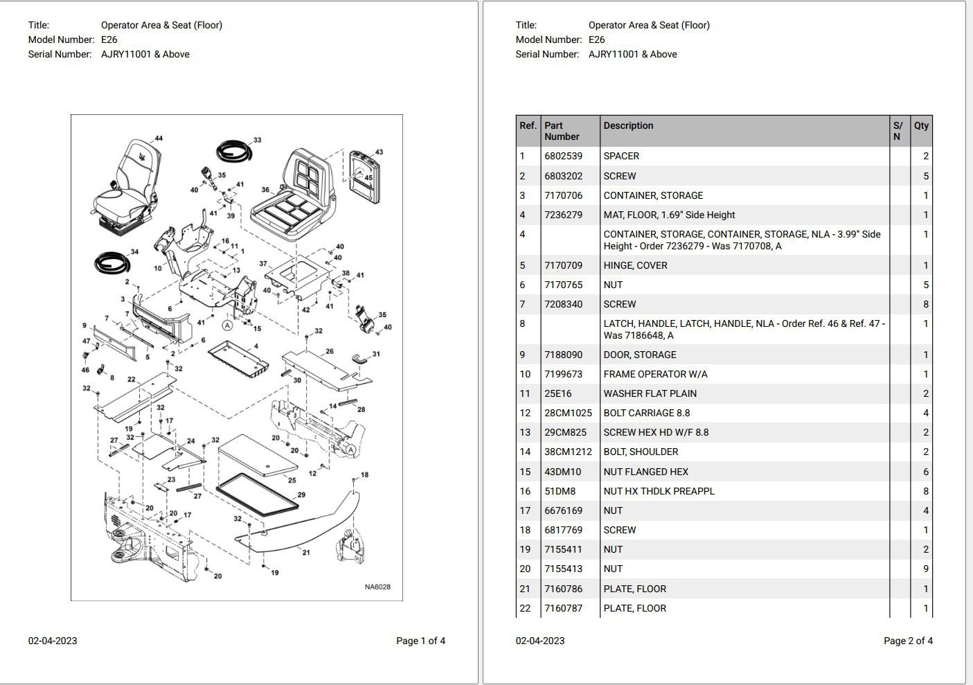 Bobcat E26 AJRY11001 & Above Parts Catalog
