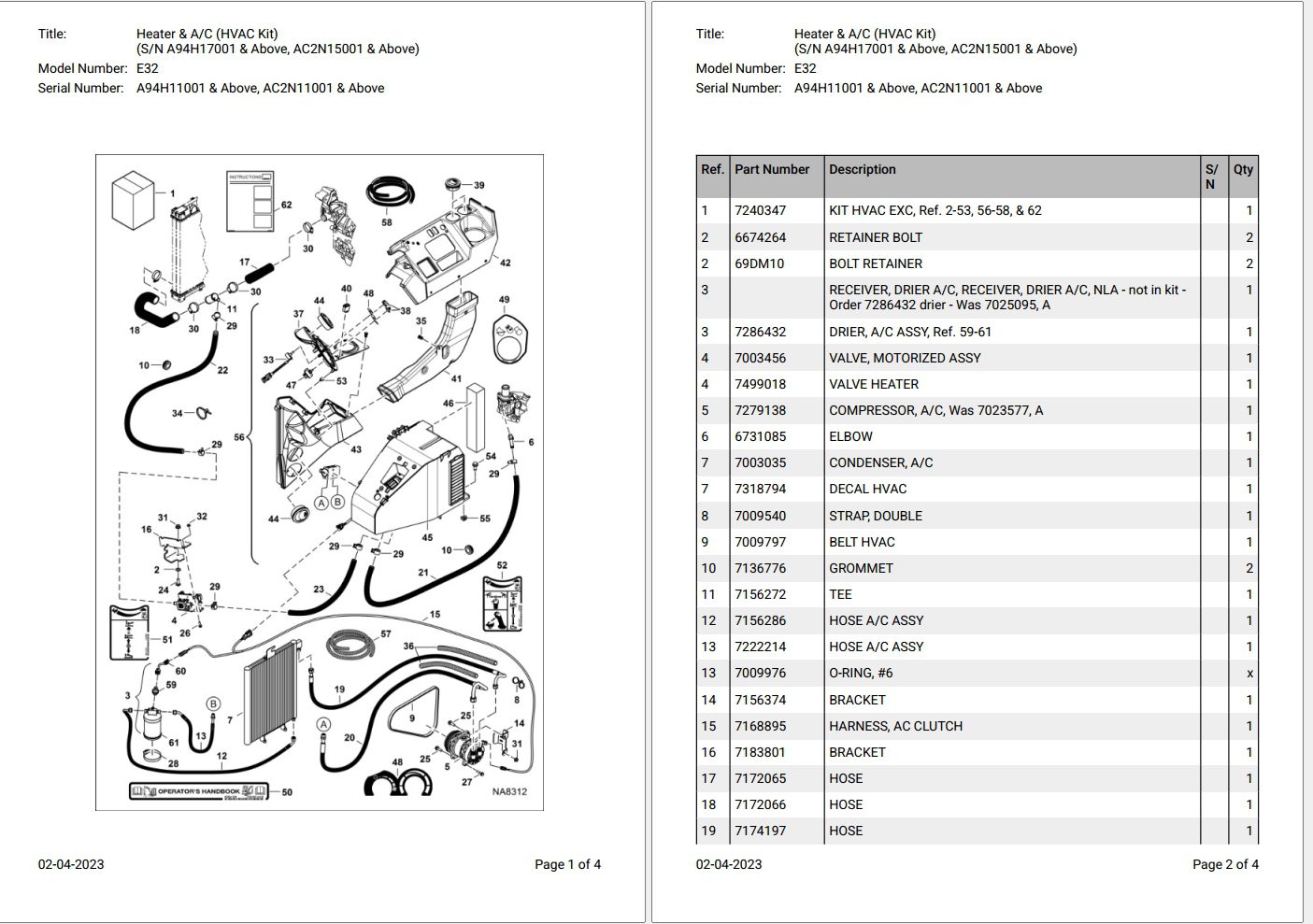 Bobcat E32 A94H11001, AC2N11001 & Above Parts Catalog
