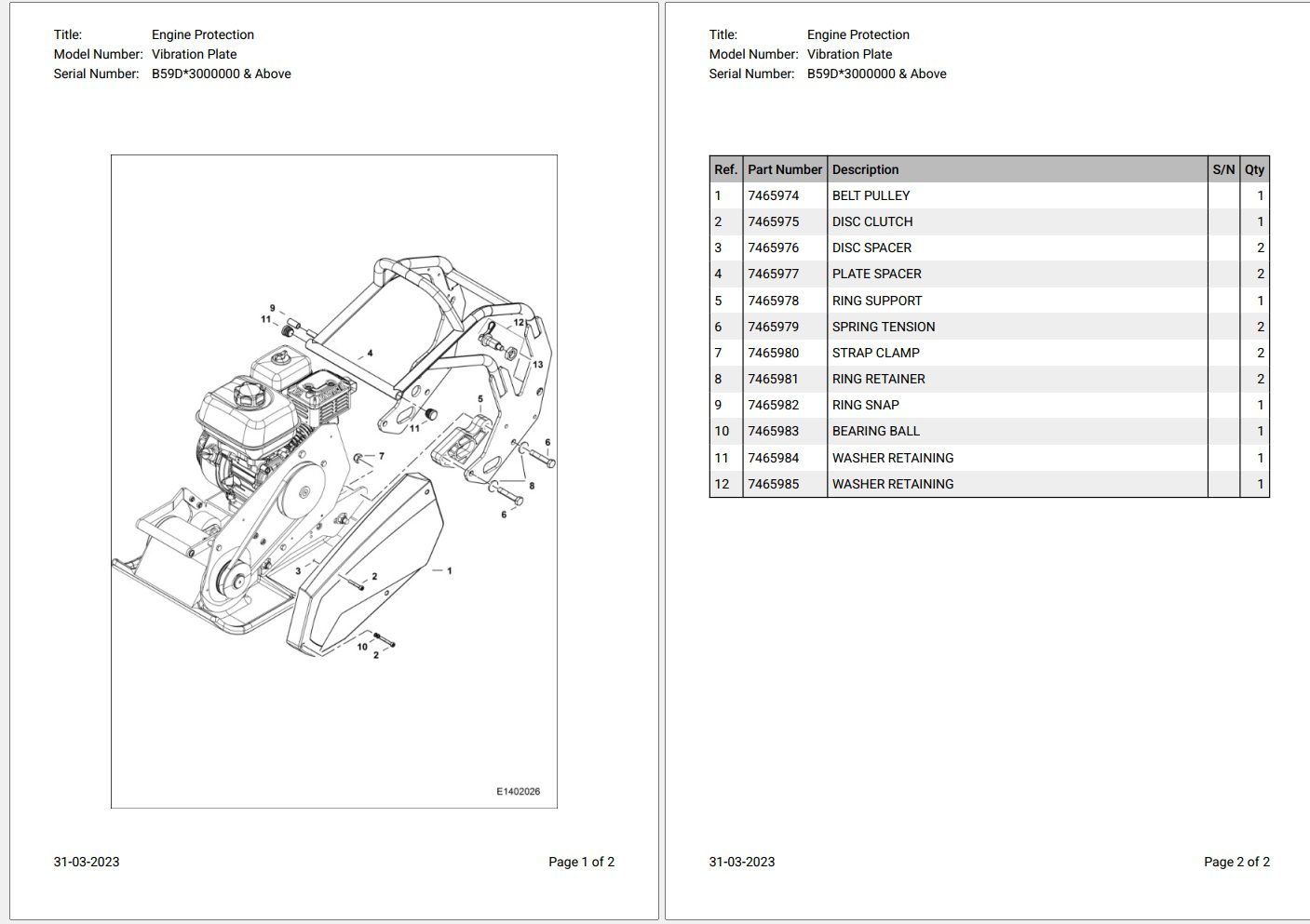 Bobcat Vibration Plate B59D3000000 & Above Parts Catalog