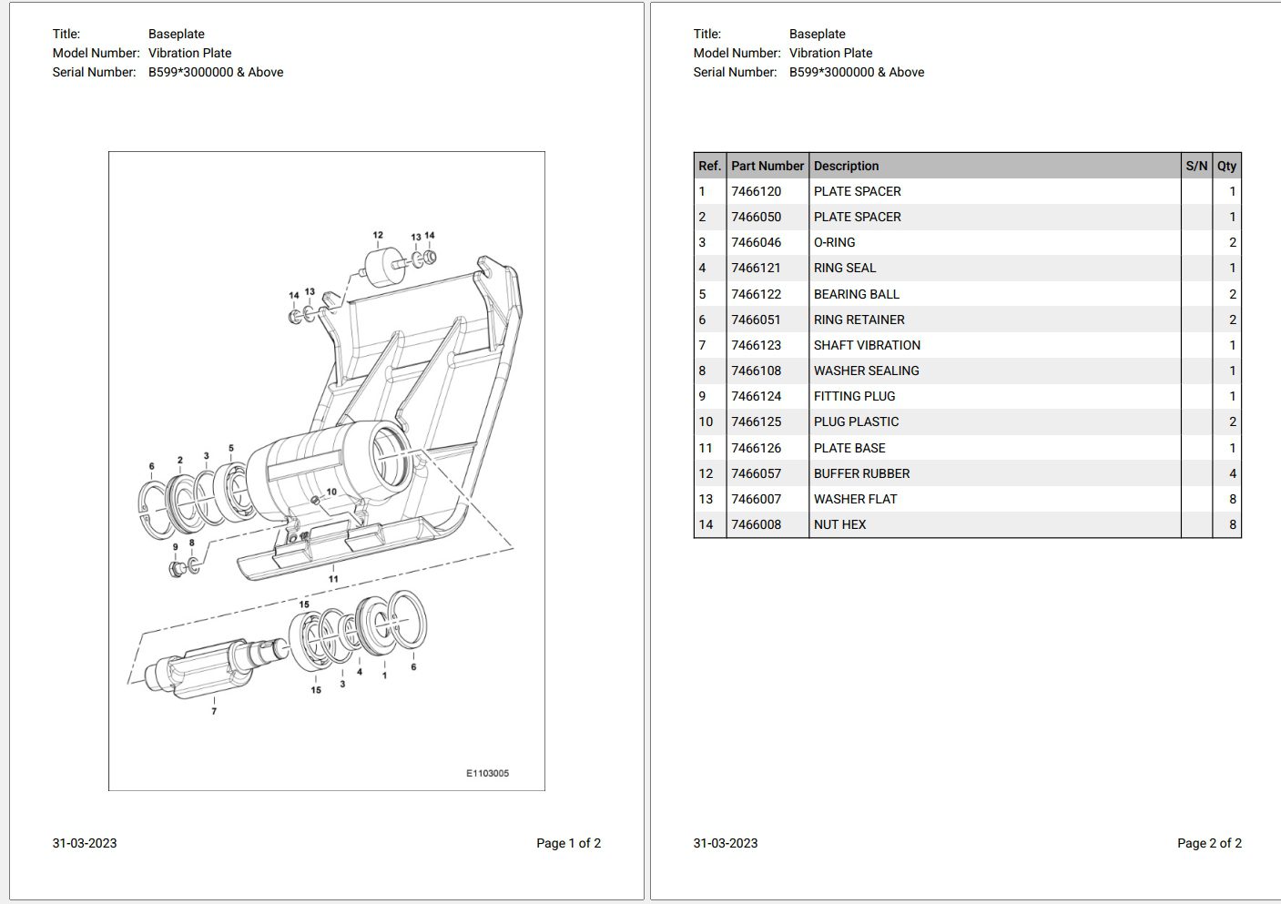 Bobcat Vibration Plate B5993000000 & Above Parts Catalog