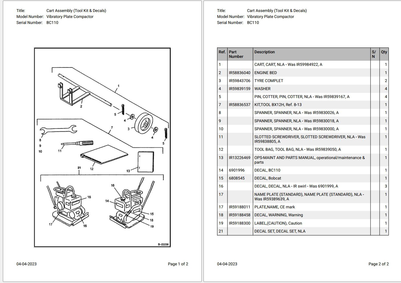 Bobcat Vibratory Plate Compactor BC110 Parts Catalog