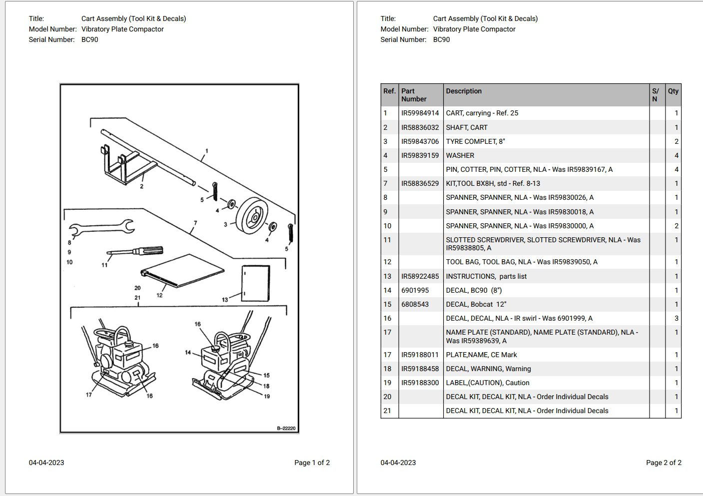 Bobcat Vibratory Plate Compactor BC90 Parts Catalog