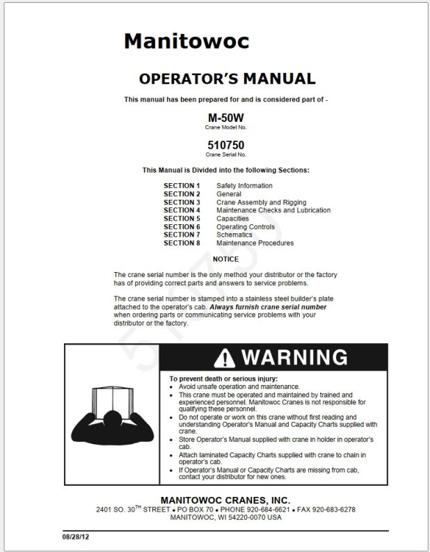 Manitowoc M50W Crawler Parts Service Manual