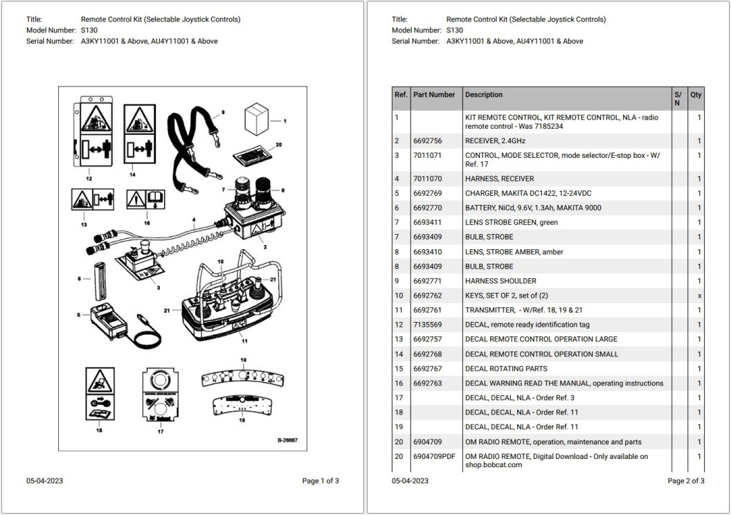 Bobcat S130 A3KY11001 & Above Parts Catalog