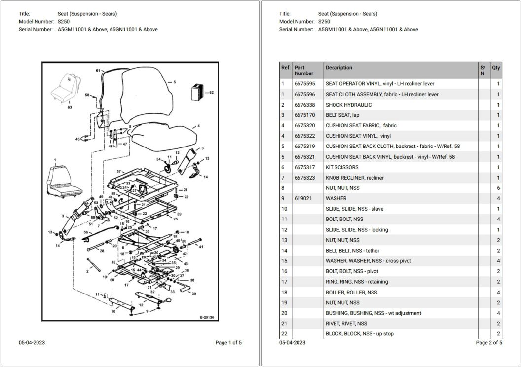 Bobcat S250 A5GM11001 & Above Parts Catalog