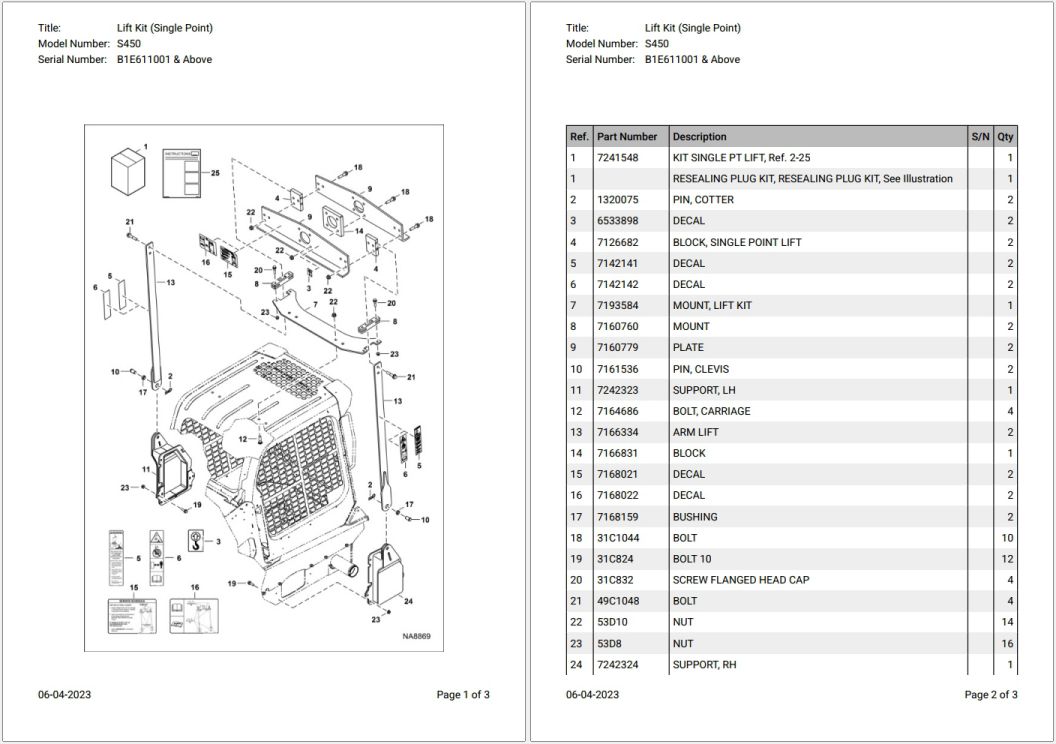 Bobcat S450 B1E611001 & Above Parts Catalog